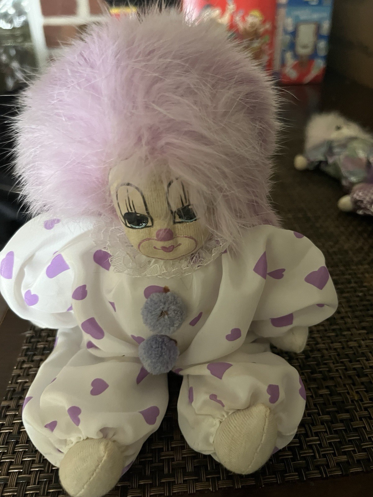 Vtg Q-Tee Clown Sand Doll Hearts Rabbit Fur Hair Hand Painted