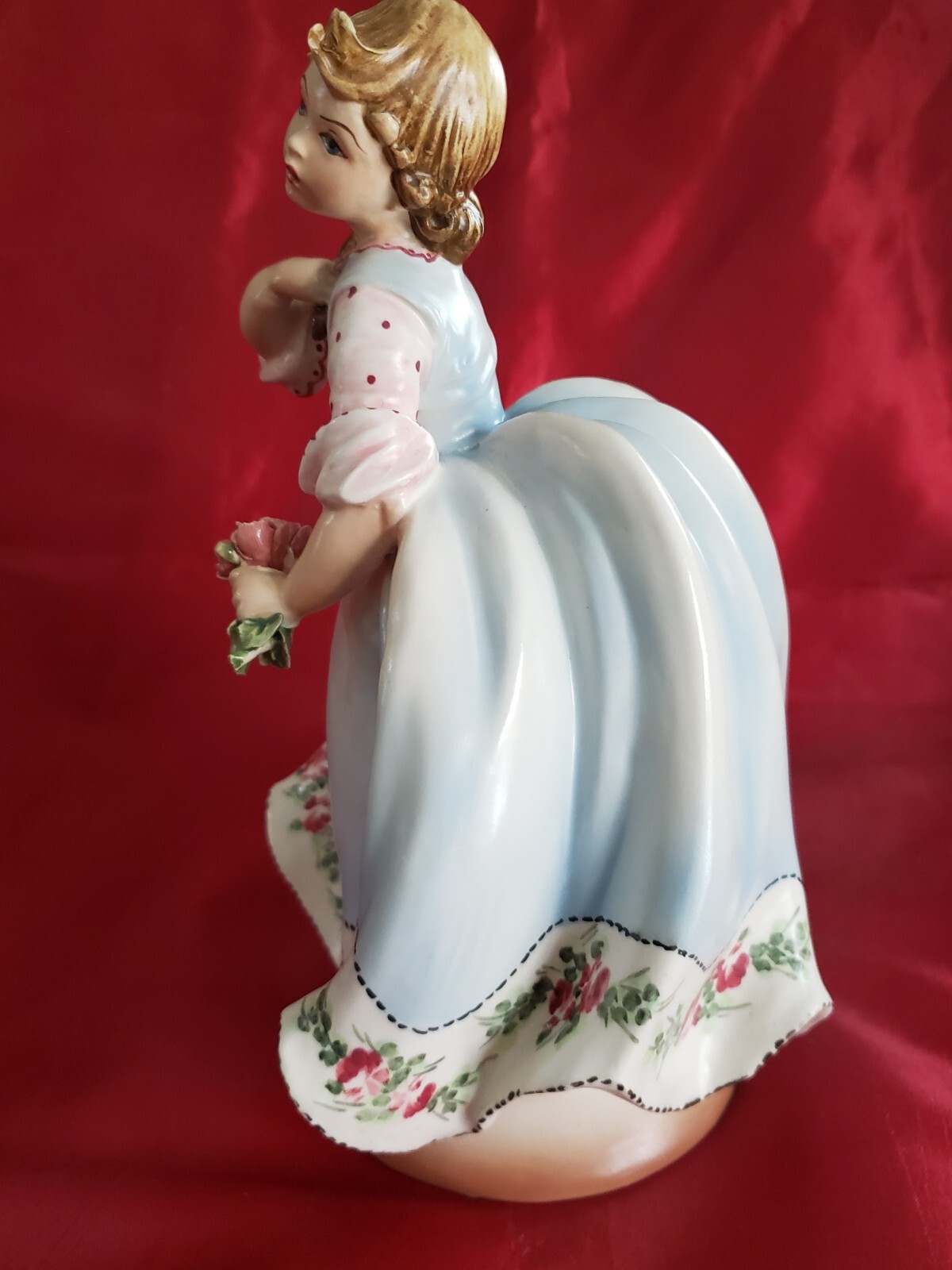 Porcelain Signed Girl Figurine with Mirror and Flowers 10.5″ Tall Made in Italy