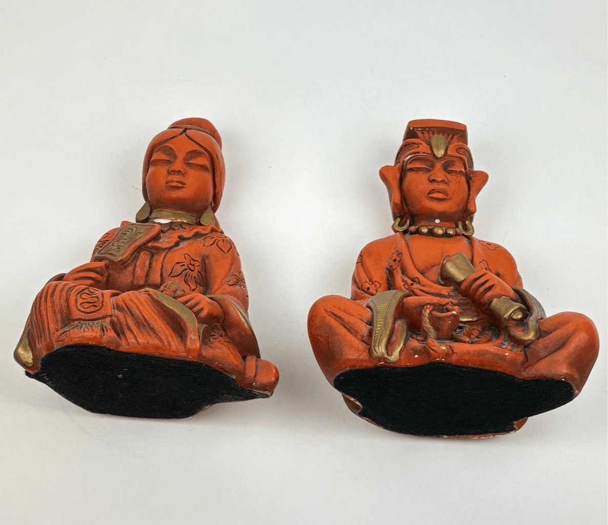 Vintage 1958 Universal Statuary Siam Woman & Man Sitting Statues Orange Gold 10”