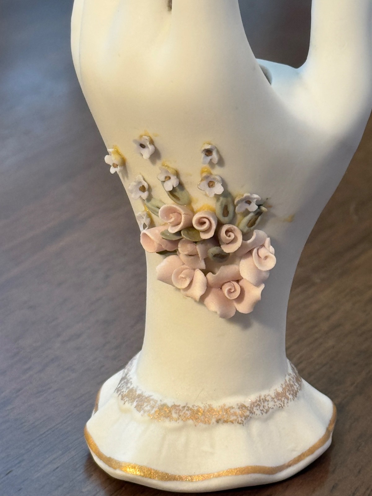 Vintage White Pink Gold Bridal Bouquet Hand Holding / Flowers Vase Hand Painted
