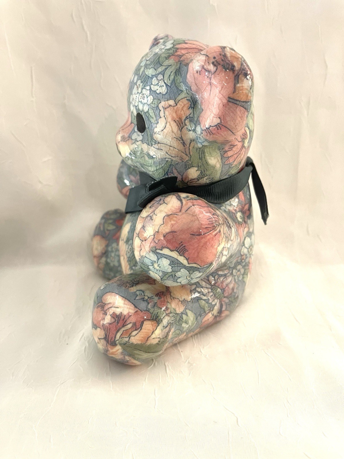 Vtg Decoupage Patchwork Bear Figurine Handmade Art Floral Cabin Decor