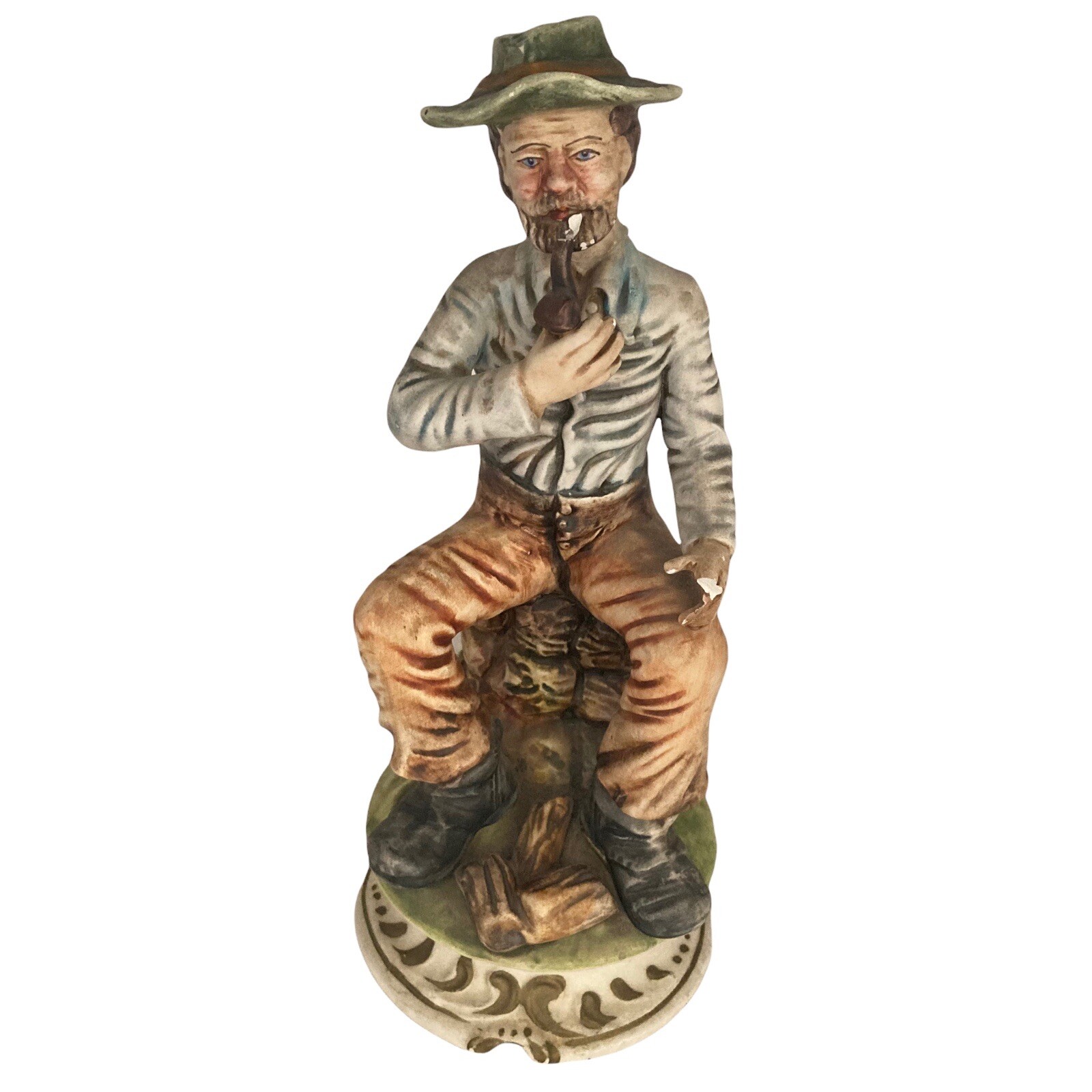 Capodimonte Italy Wood Cutter Man Sitting w Pipe Porcelain 12×5 Stamped