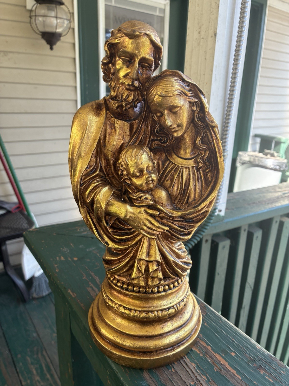 Religious Family Figurine Metallic Gold Resin Adult Holding Child Statue