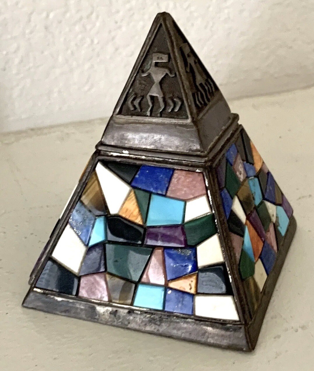 Unique Vtg Aztec Pyramid 925 Sterling Silver Turquoise 4” Jewelry Box