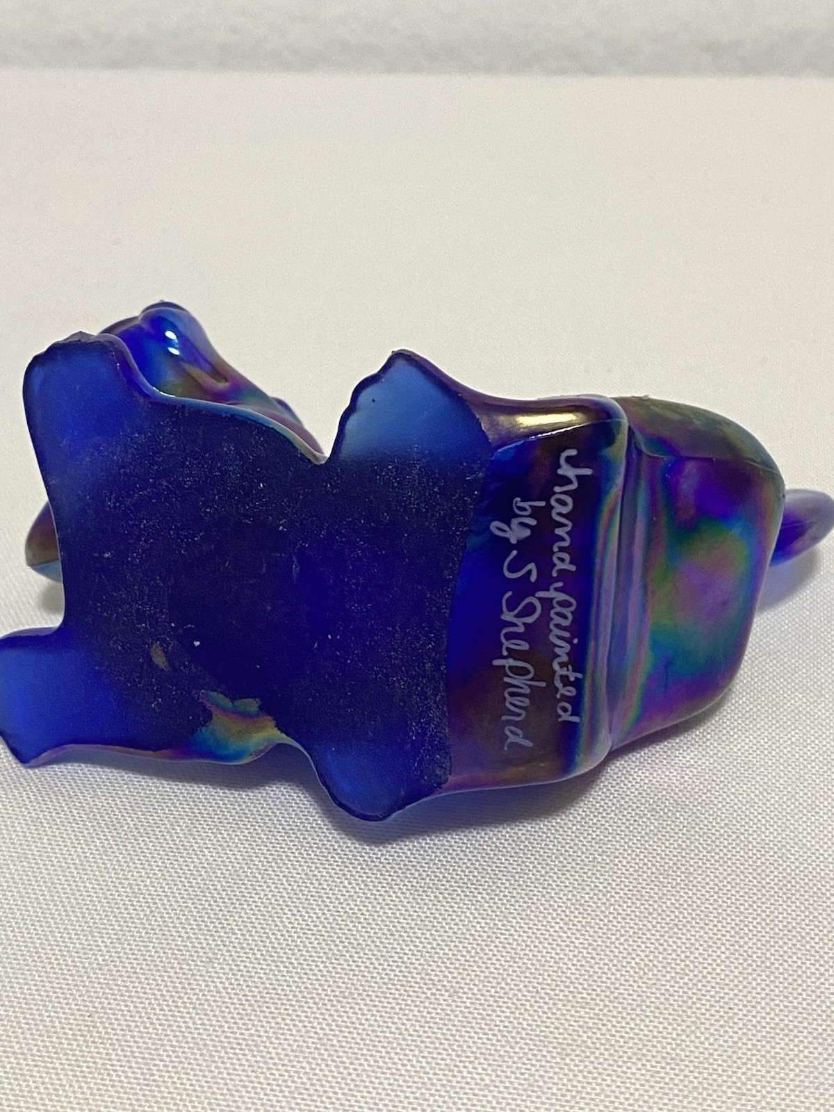 Fenton Cobalt Blue Puppy Carnival Glass Iridescent Hand Painted & Signed Vintage
