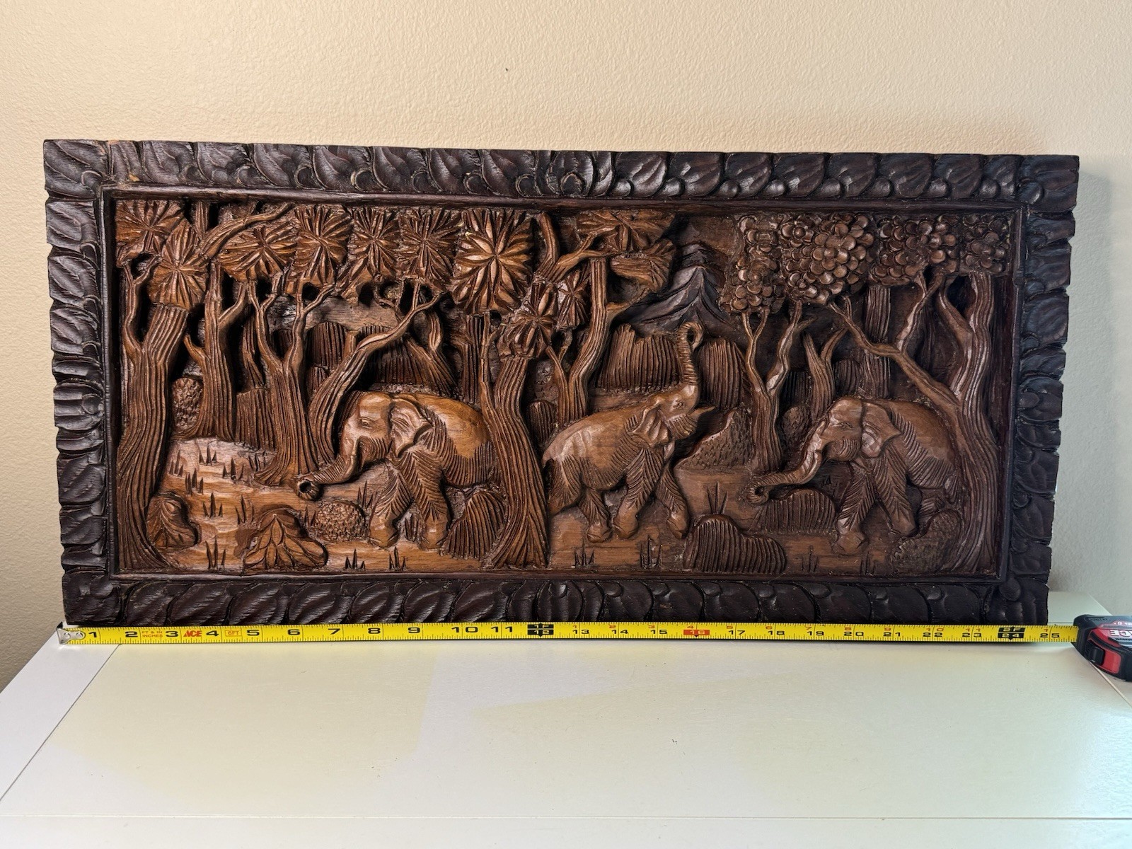 Vintage Thailand Elephants Scene Hand Carved Teak Wood Wall Hanging Art