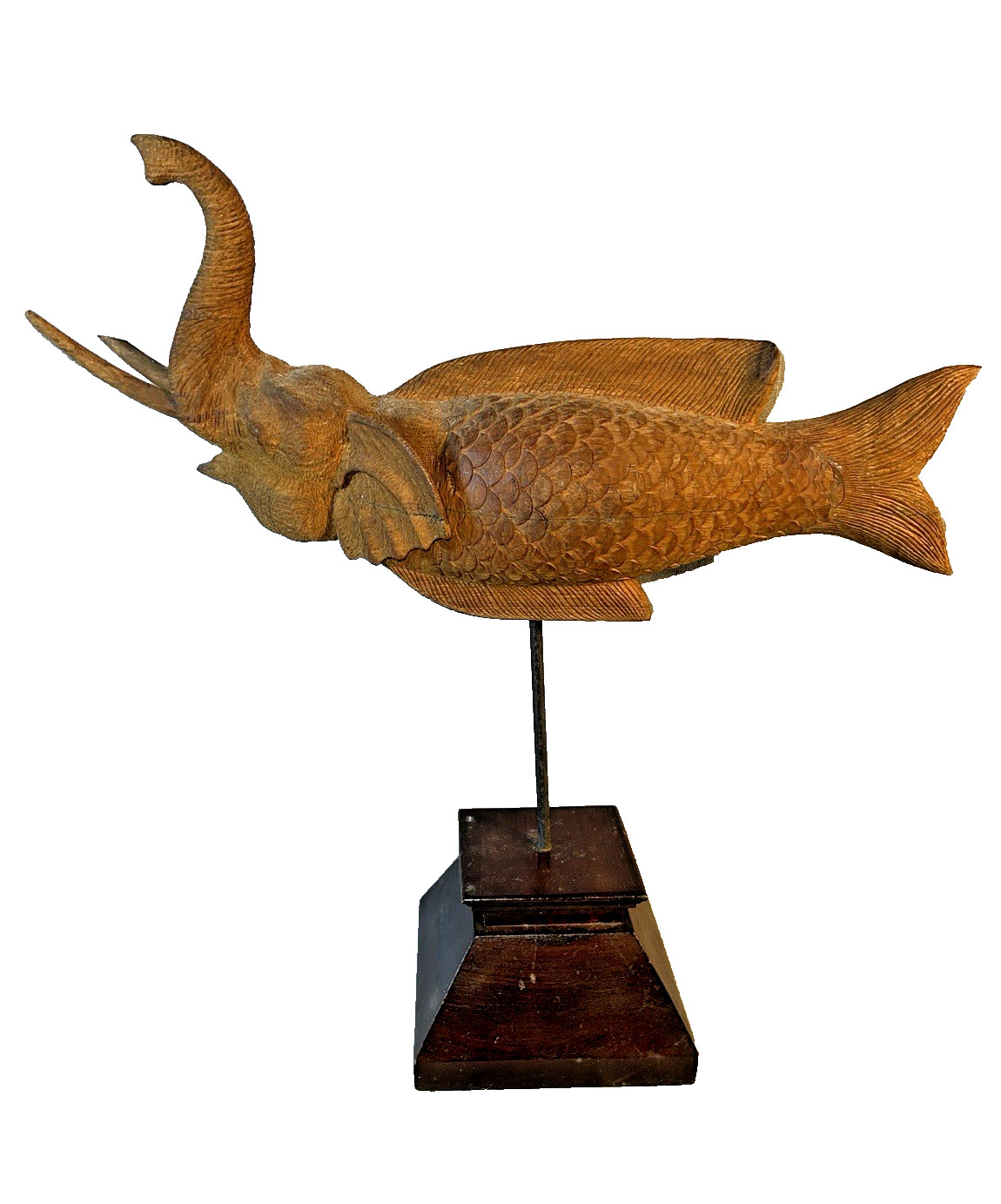 VTG Hand Carved Thai Elephant Fish Makara Sculpture Wood on Stand 18 Tall
