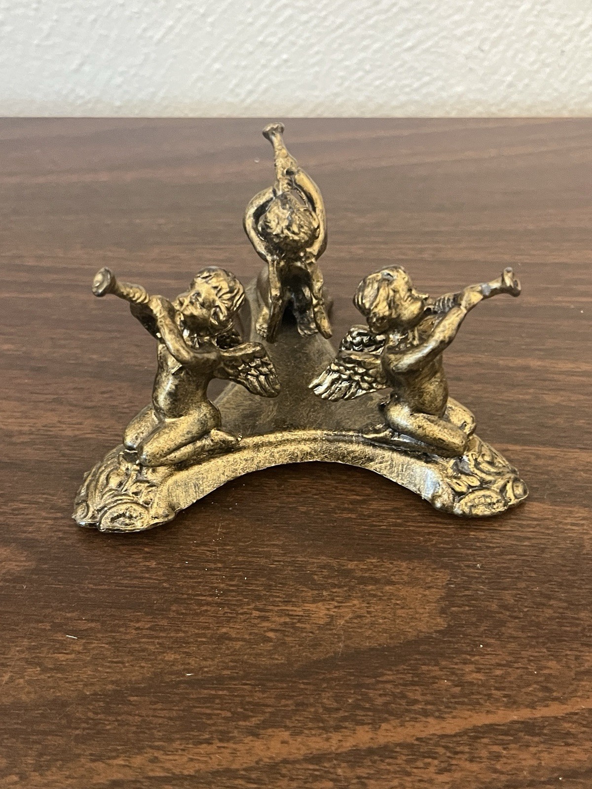 Vintage Antique Brass Figure with 3 Musical Cherub Angels Playing Horns Pedestal