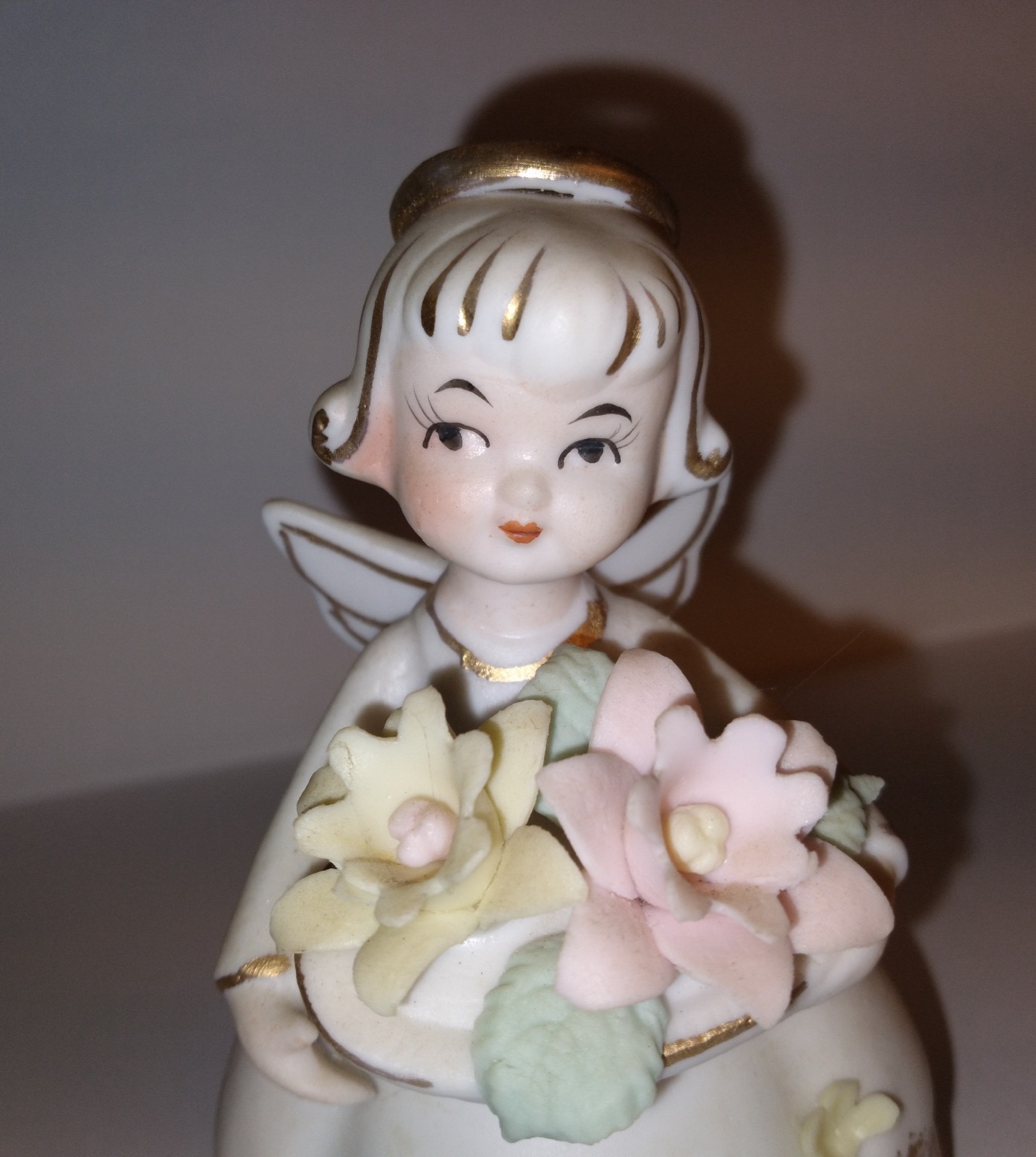 Vintage Ucago Japan Angel Bell Ceramic Figurine Birthday Girl Pastel Flowers