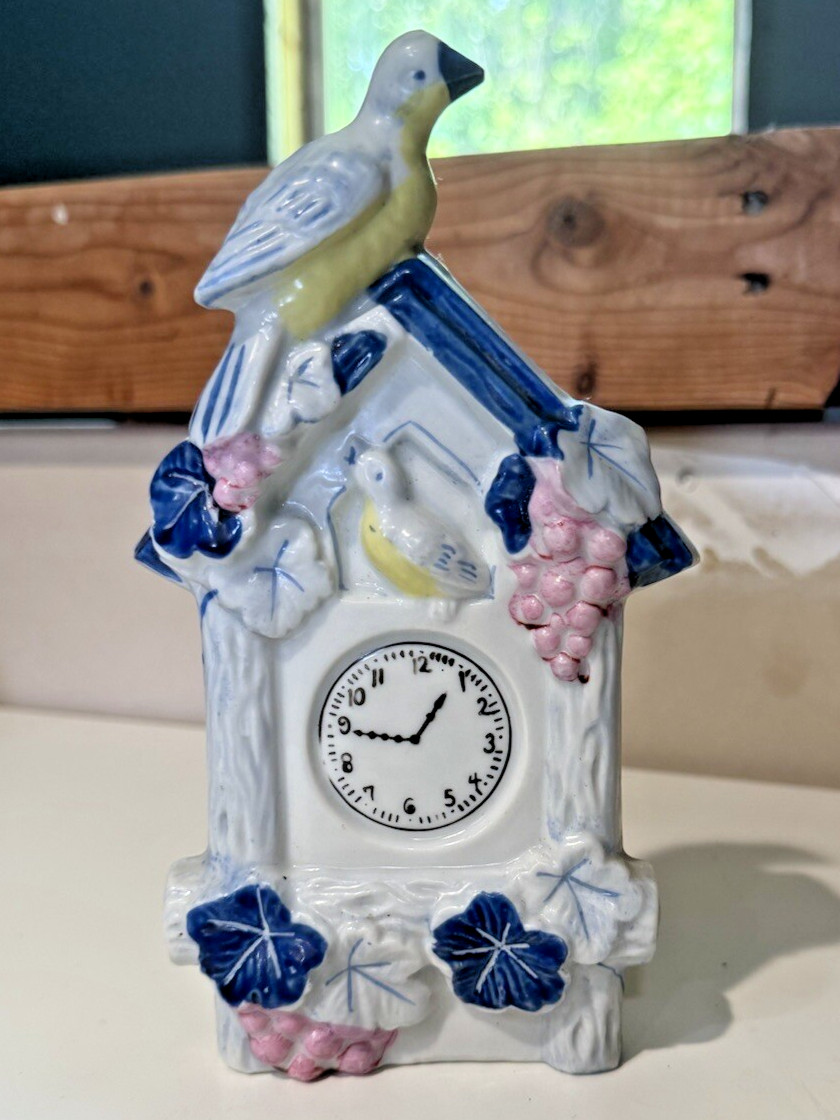 Vintage Japan Ceramic Blue White Bird Wall Pocket W Painted Clock Design