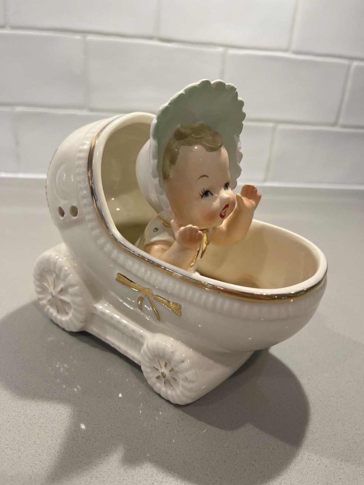 Ceramic Baby Figurine and Carriage Set, Hand Painted, Glossy, White/Gold