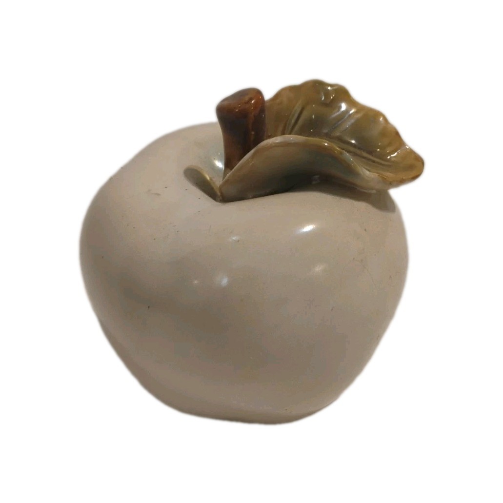 White Ceramic Apple Figurine with Brown/Green Leaf
