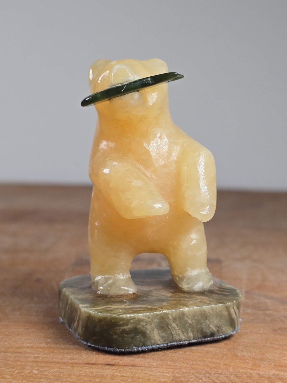 Jade Golden Crystal Hand Carved Standing Bear & Fish Figurine