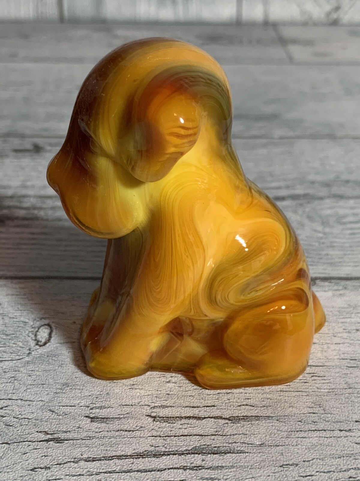 Vtg Pooch The Dog Degenhart Bittersweet Burnt Orange Slag Glass UV Glow Marked D