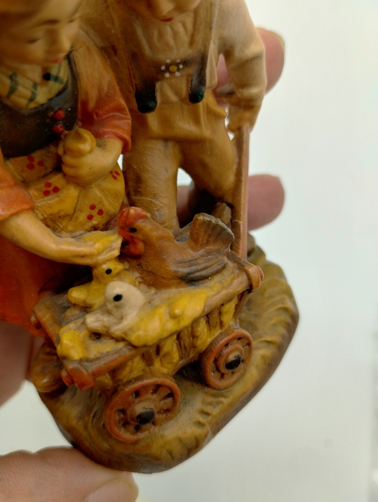 Vintage Wood Figurine Feeding The Chickens Farm Boy Girl Cart Germany?