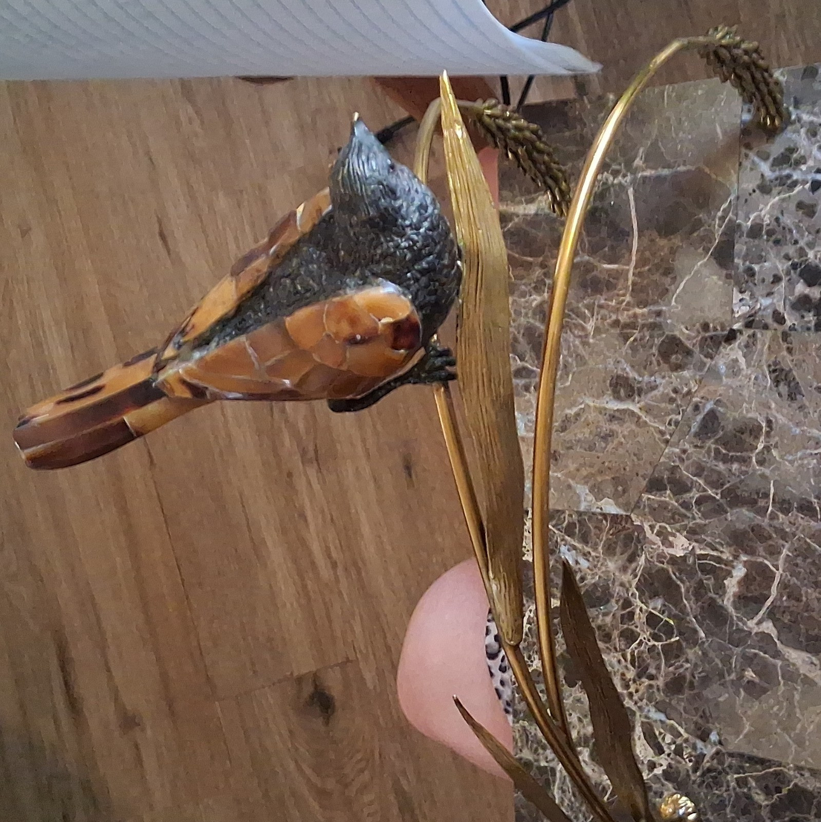 Maitland-Smith Handmade Natural Amber Bird, Brass Wheat Sculpture on Marble Base
