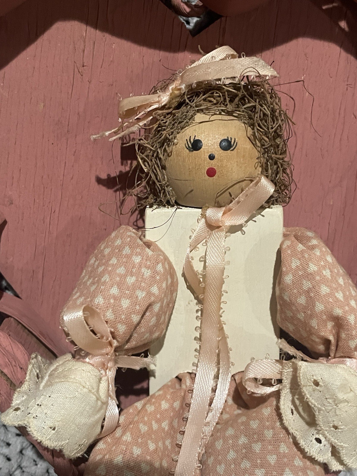 Pink Wooden Heart Shelf Sitter W/ Rag Doll Cottage Core Decor Vintage Country