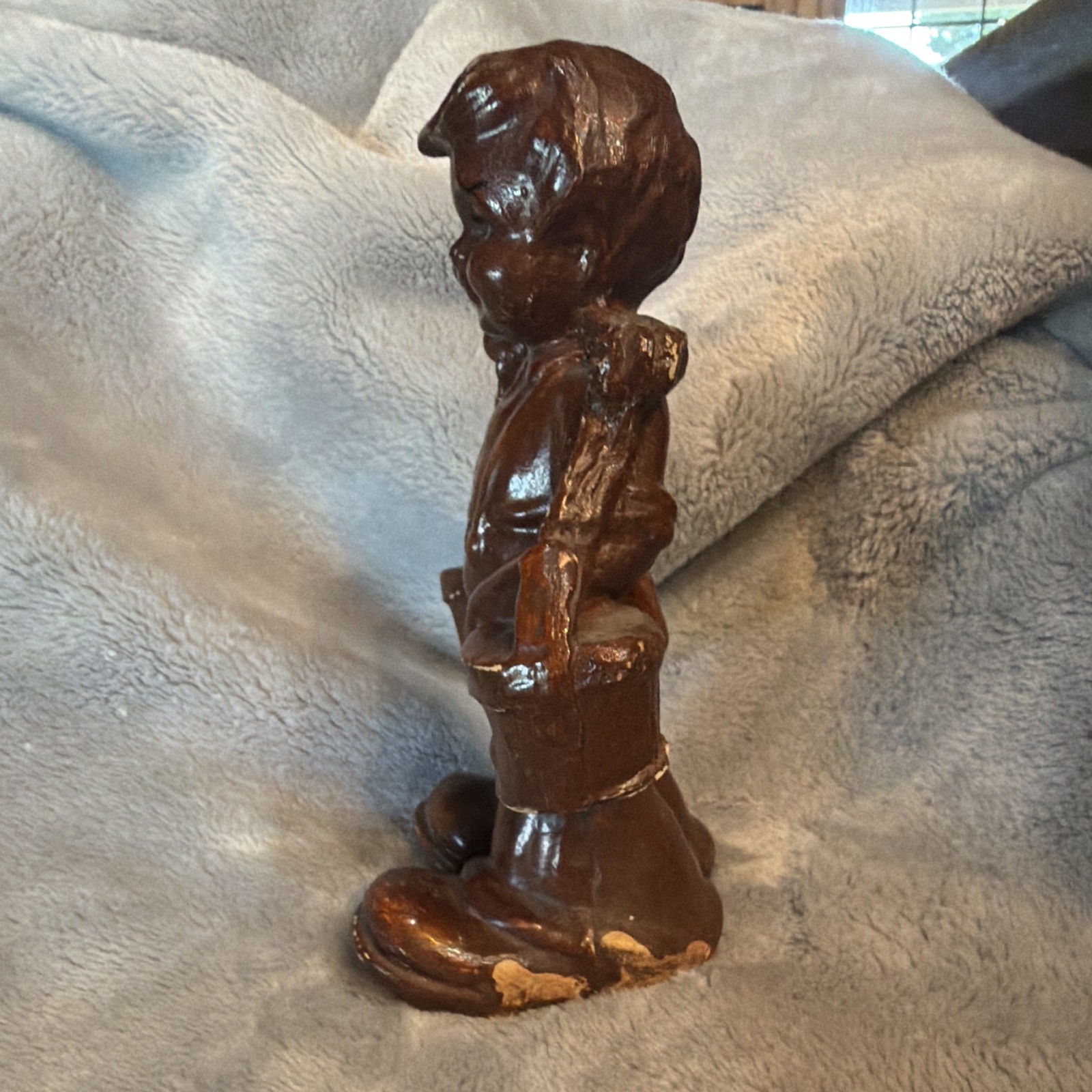 Brown Glossy Ceramic Boy Figurine Carrying Two Buckets, People Theme, 1 Pack