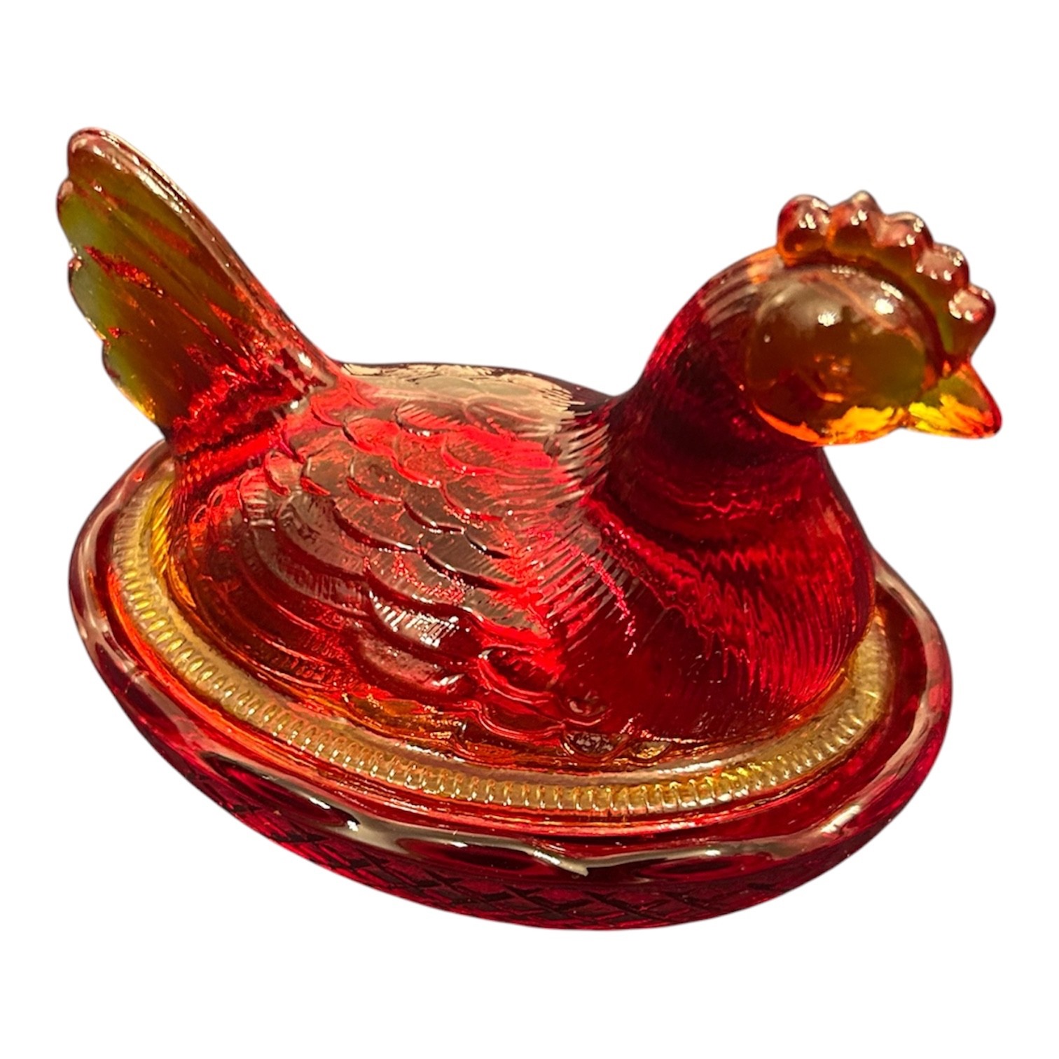 Amberina Miniature 2.5 in Hen on Nest / Chicken on Dish – Salt Cellar – GLOWS UV