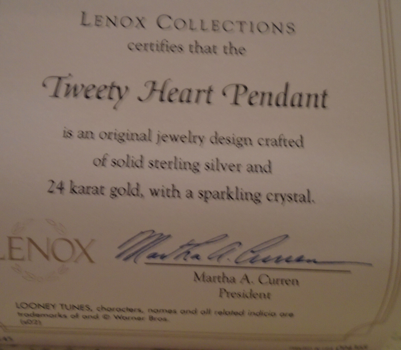 Lenox Looney Tunes Tweety Pendant Sterling Silver With Gold Accents NEW BOX COA