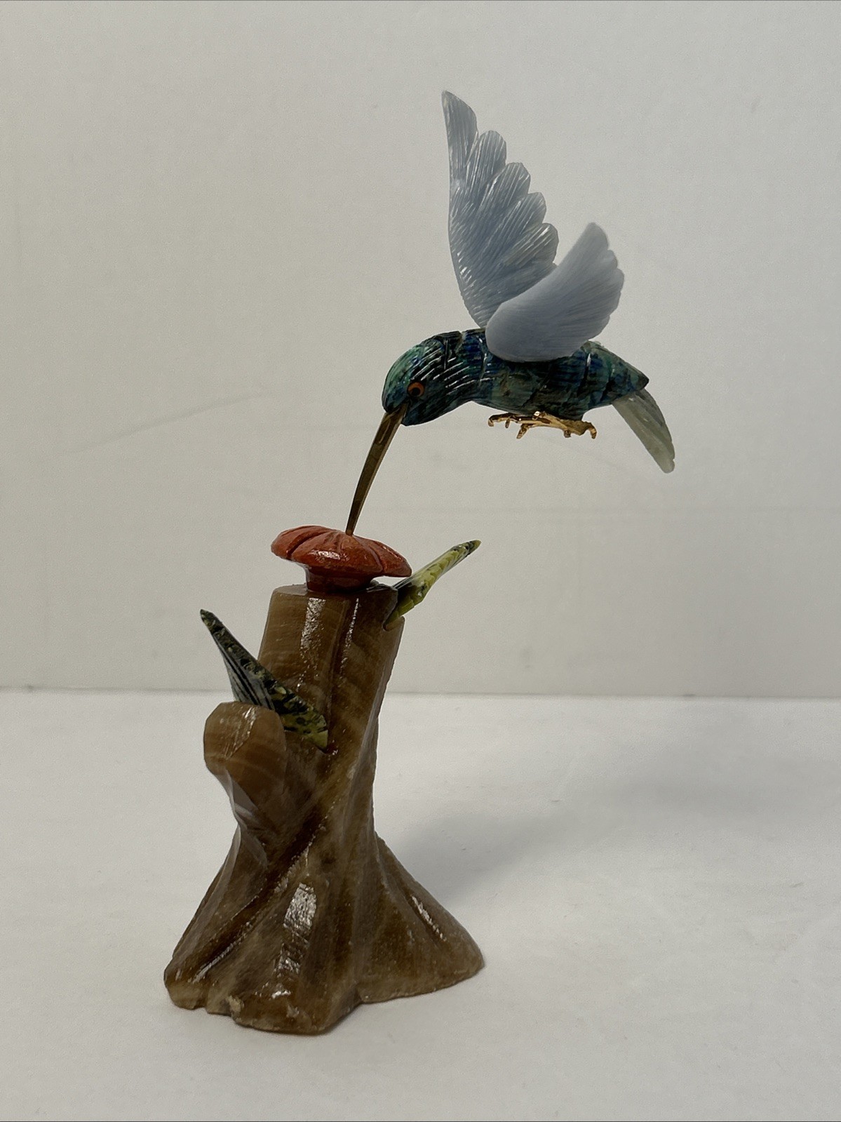 Gemstone Hummingbird & Flower Hand Carved/Crafted Vintage Intricate Detail Vivid