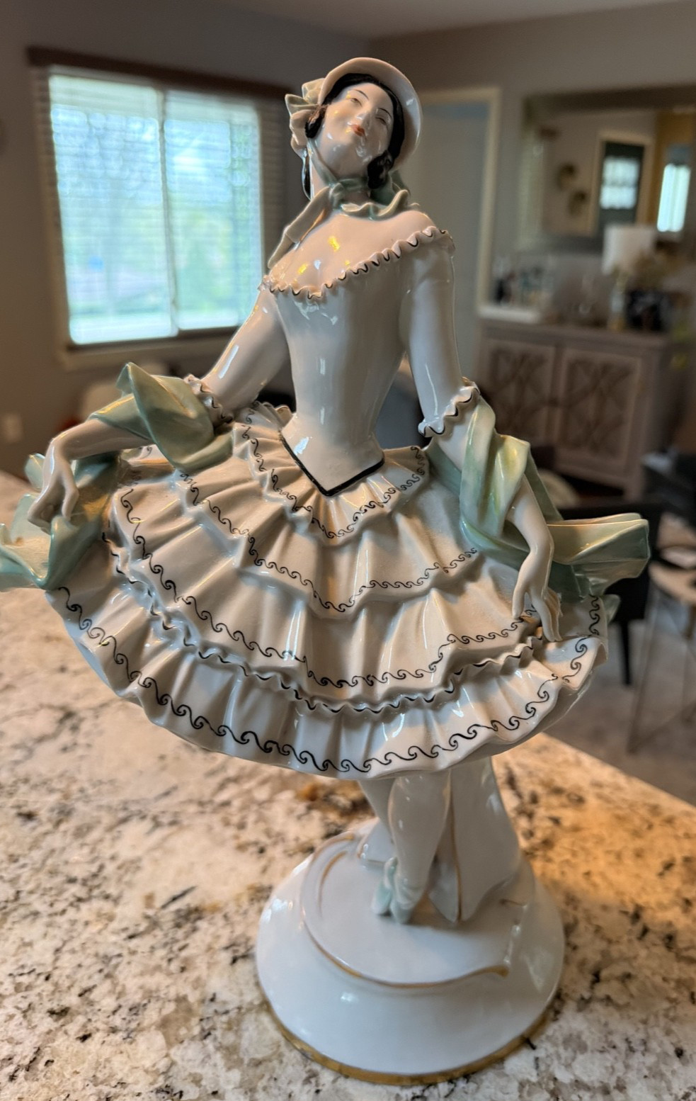 Porcelian Dancing Lady:soft pastel colors, gold trim, delicate face