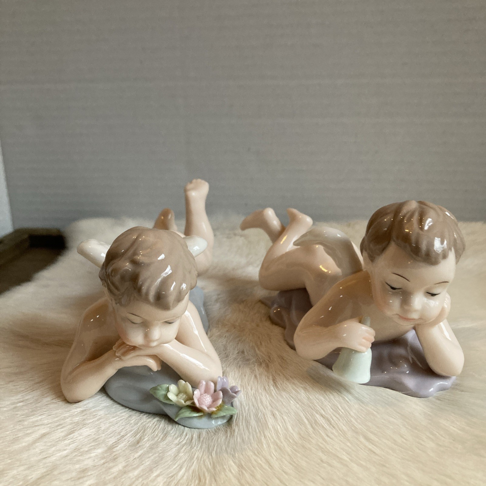 Vintage Porcelain Cherub Angels, Hand Painted Pastels, Set of 2