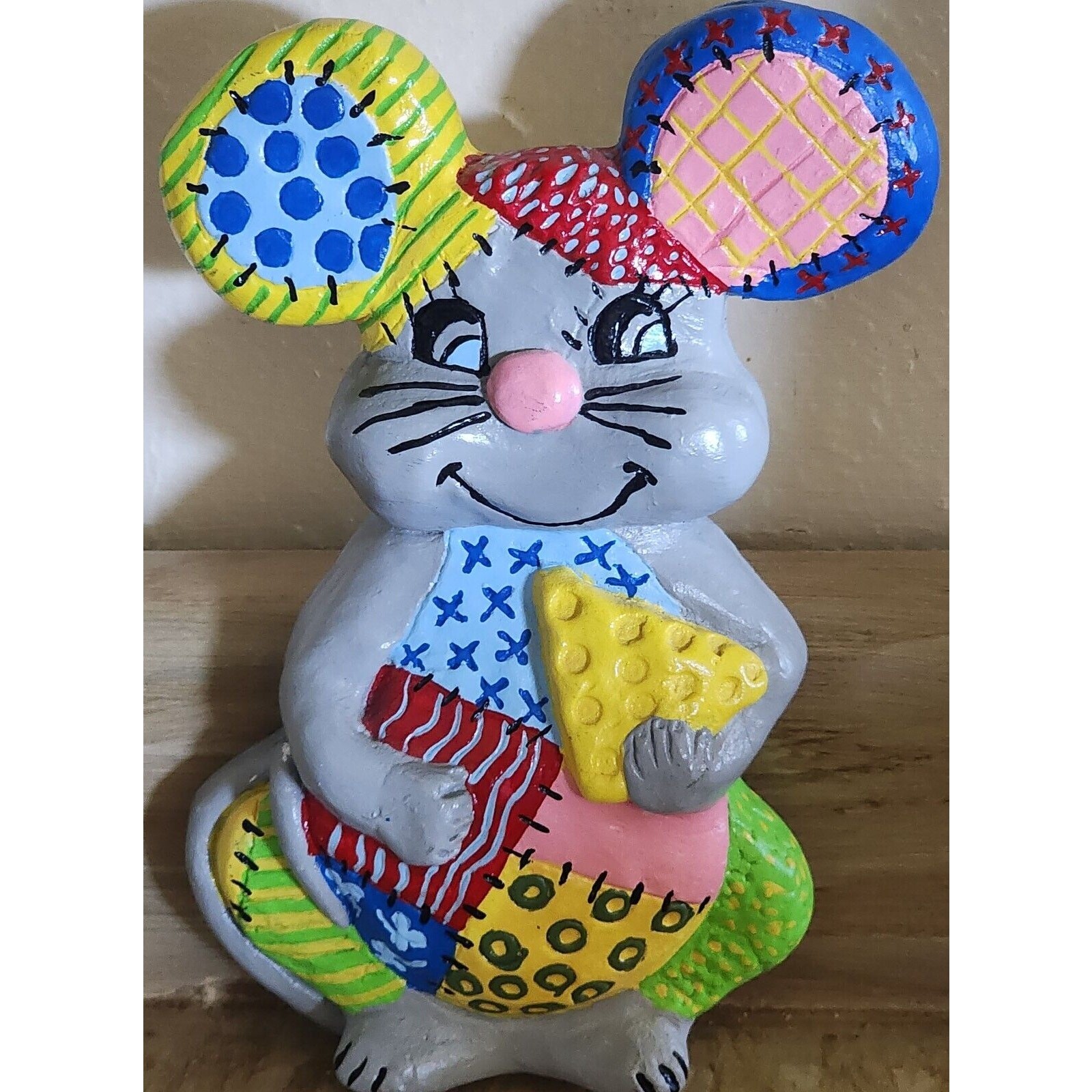 Vintage Chalkware Plaster Mouse W/ Cheese Wall Plaque Handpainted Patchwork