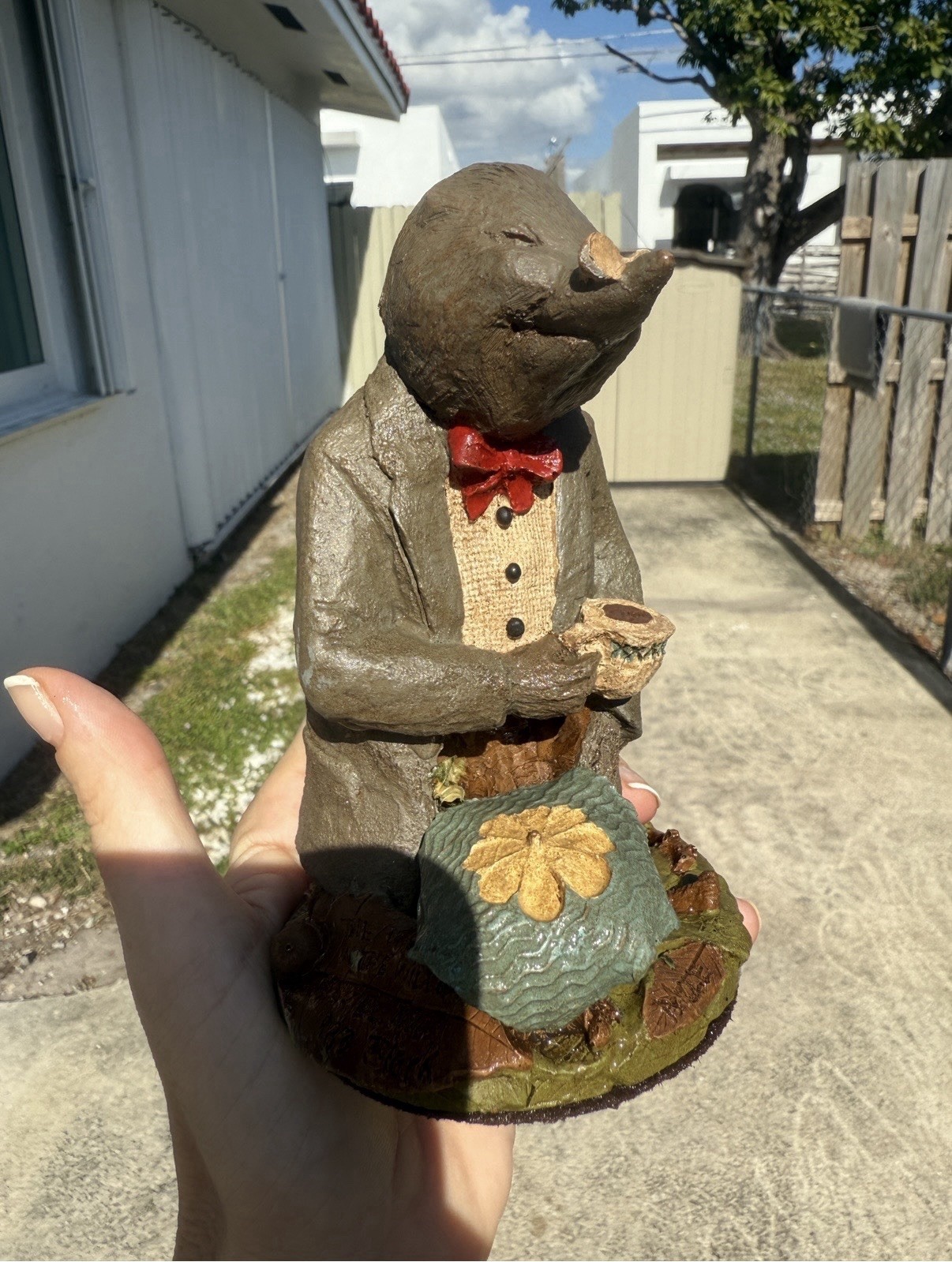 Resin Mole Figurine Painted Brown Green Red Beige, Red Bow Tie Holding Teacup