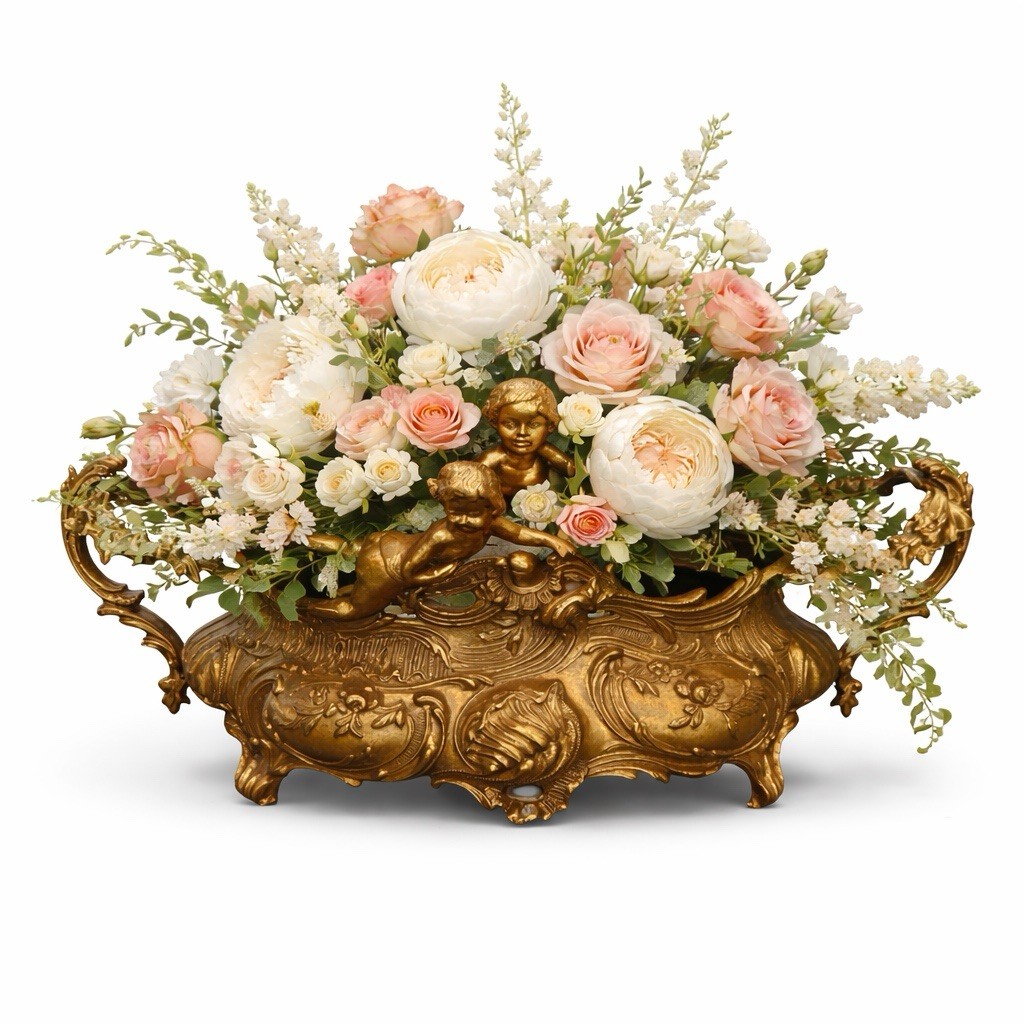 Antique French Rococo Style Gilt Bronze Jardiniere Bowl w/ Cherubs gilded