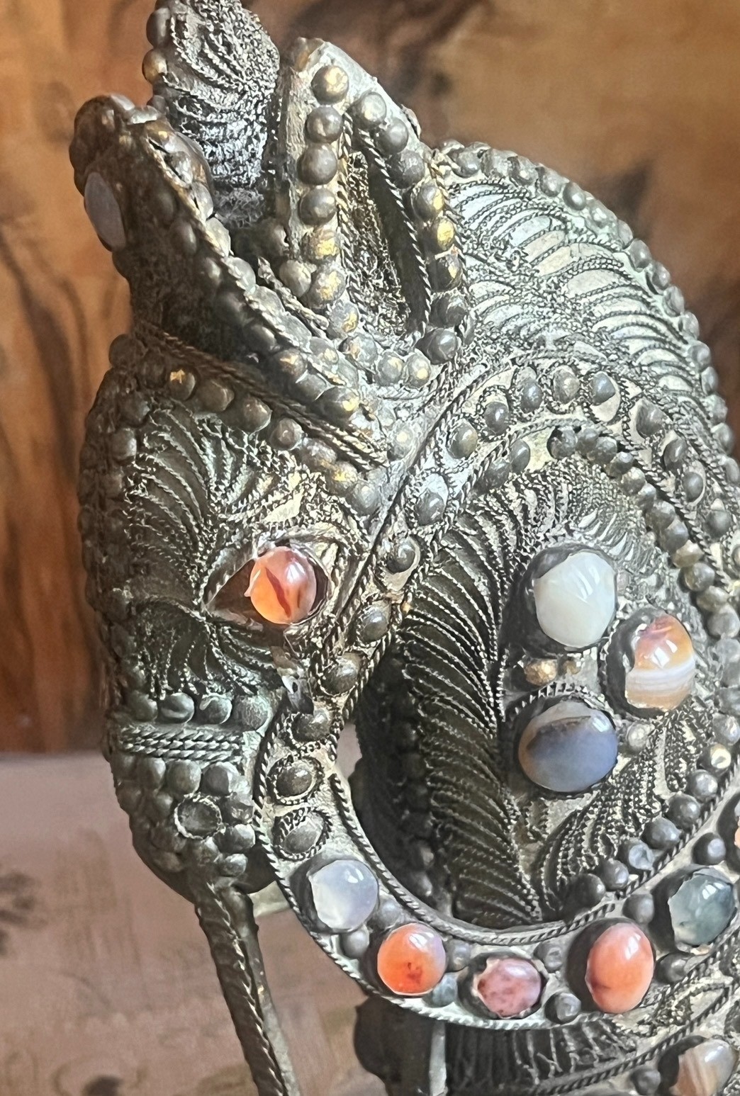 Horse Sculpture W/ Semi-Precious Stones & Intricate Filigree Brass Vintage