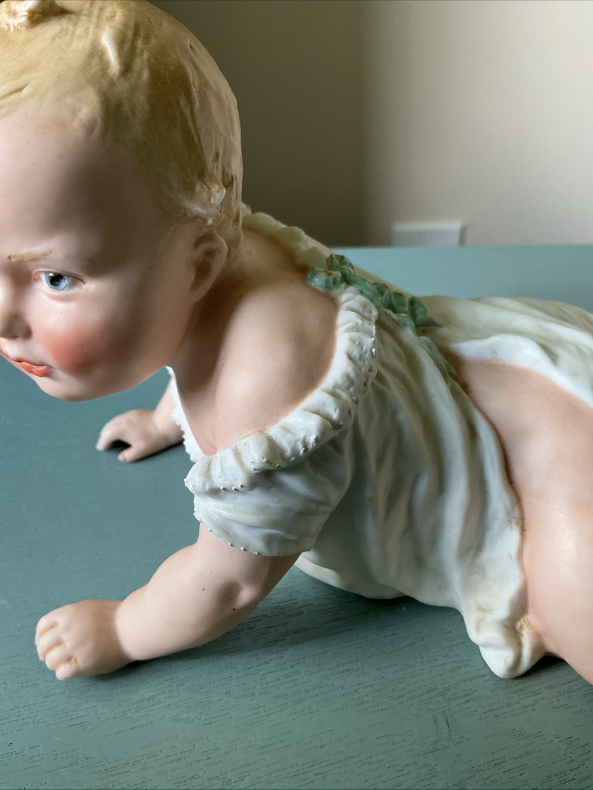 Antique Gebruder Heubach Bisque Piano Baby Figurine 8.5″ L Crawling Germany DEP