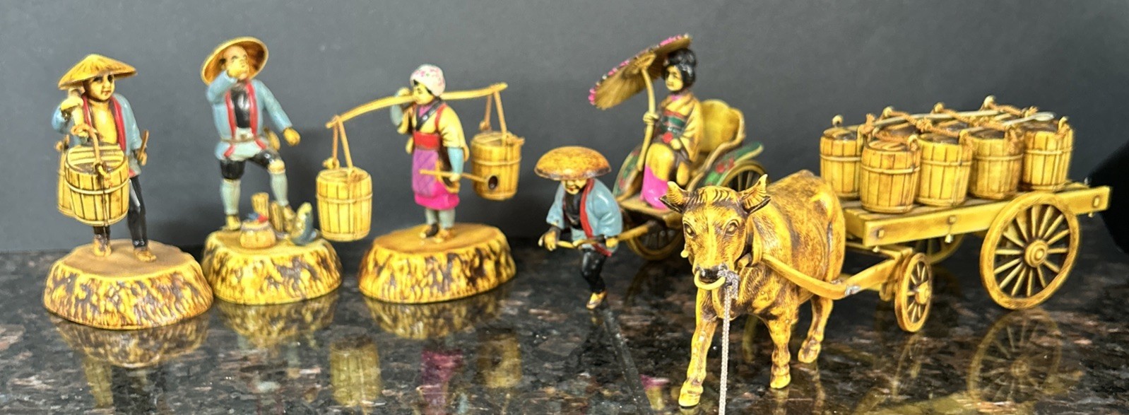 5-VTG Celluloid Figures Including Japanese Rickshaw Asian Man Geisha Girl Figure