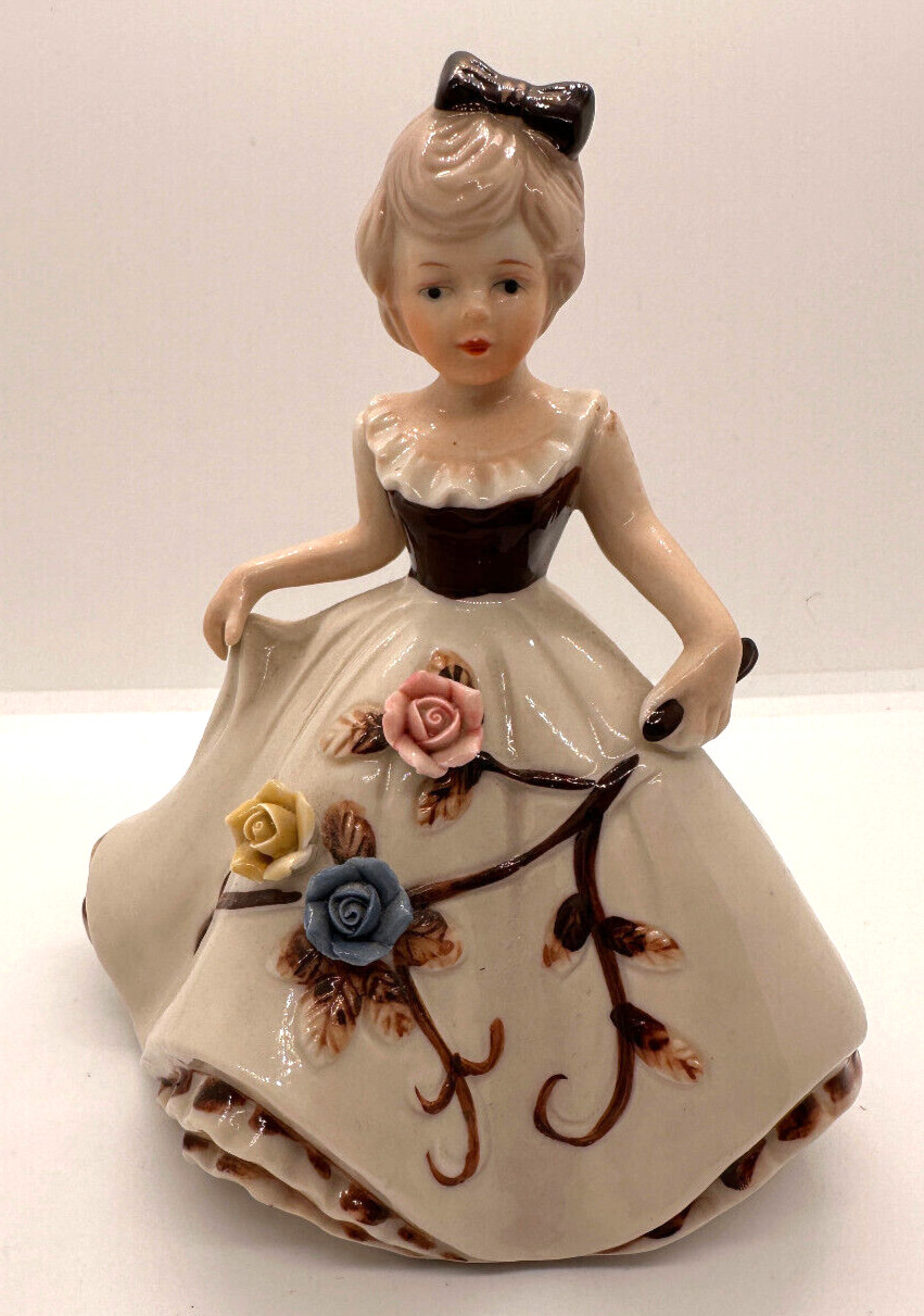 Vintage Antique Porcelain Girl Figurine Gold Trim Applied Flowers Ceramic Doll