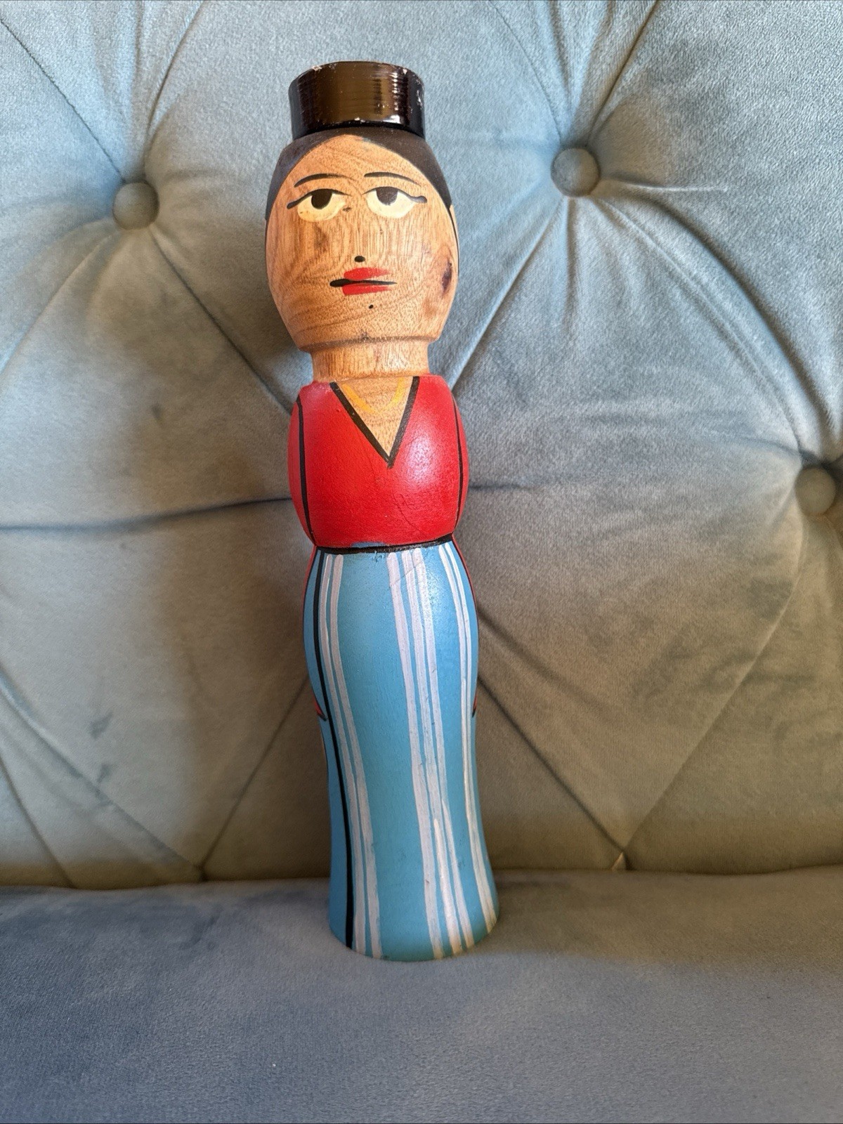 Primitive Wood ethnic peg Doll W/ Tea Lite Holder Hand Painted Collectible