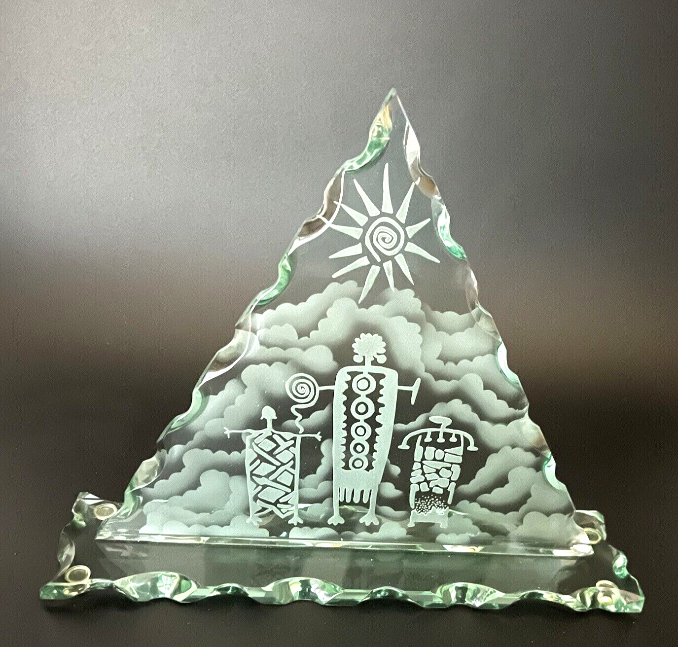 Triangular Objet d’Art Clear Glass Hand-Carved/Etched 12″ Free Standing Awesome