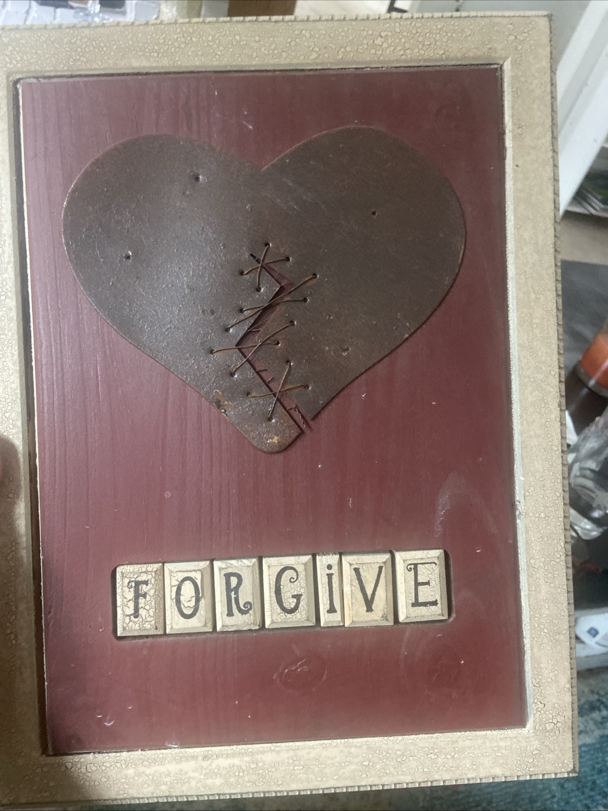 Dan DiPaolo Primitive Broken Heart Sewn Wood & Tin “ Forgive” Wall Art Picture