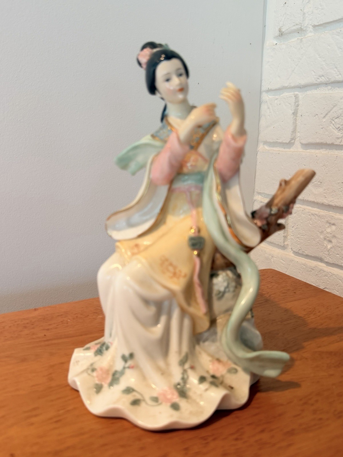 Vintage Asian Porcelain Lady Figurine, Hand Painted Gold Trimmed 9”