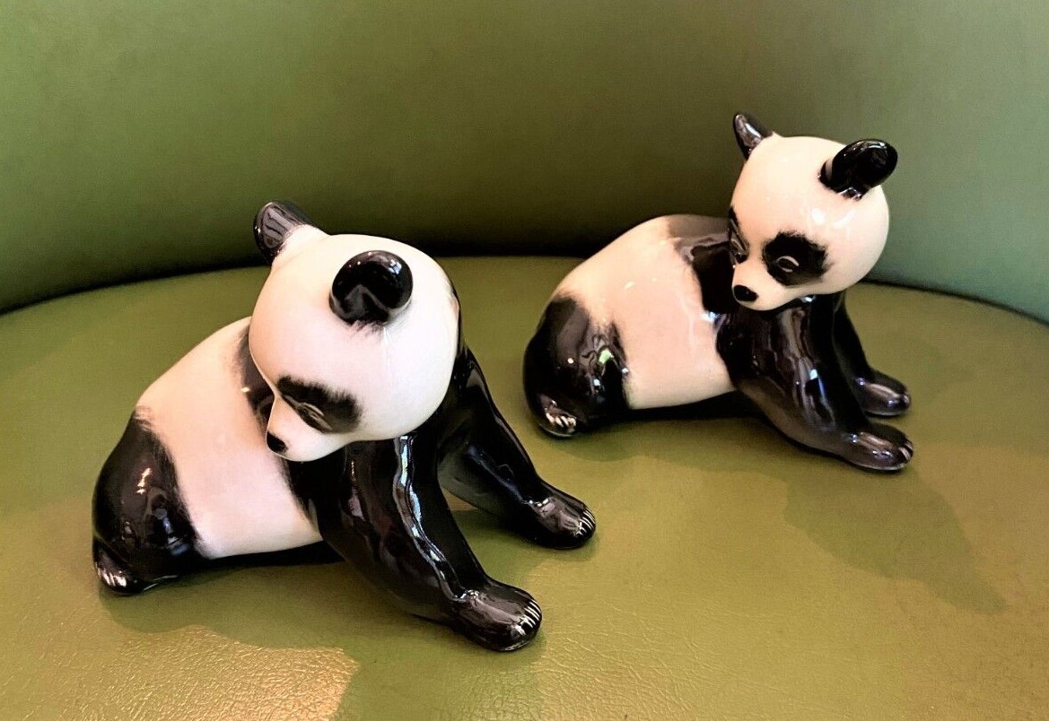 Vtg Pair PANDA BEAR FIGURINES, Marked USSR + LOMONOSOV Logo, Excellent Condition