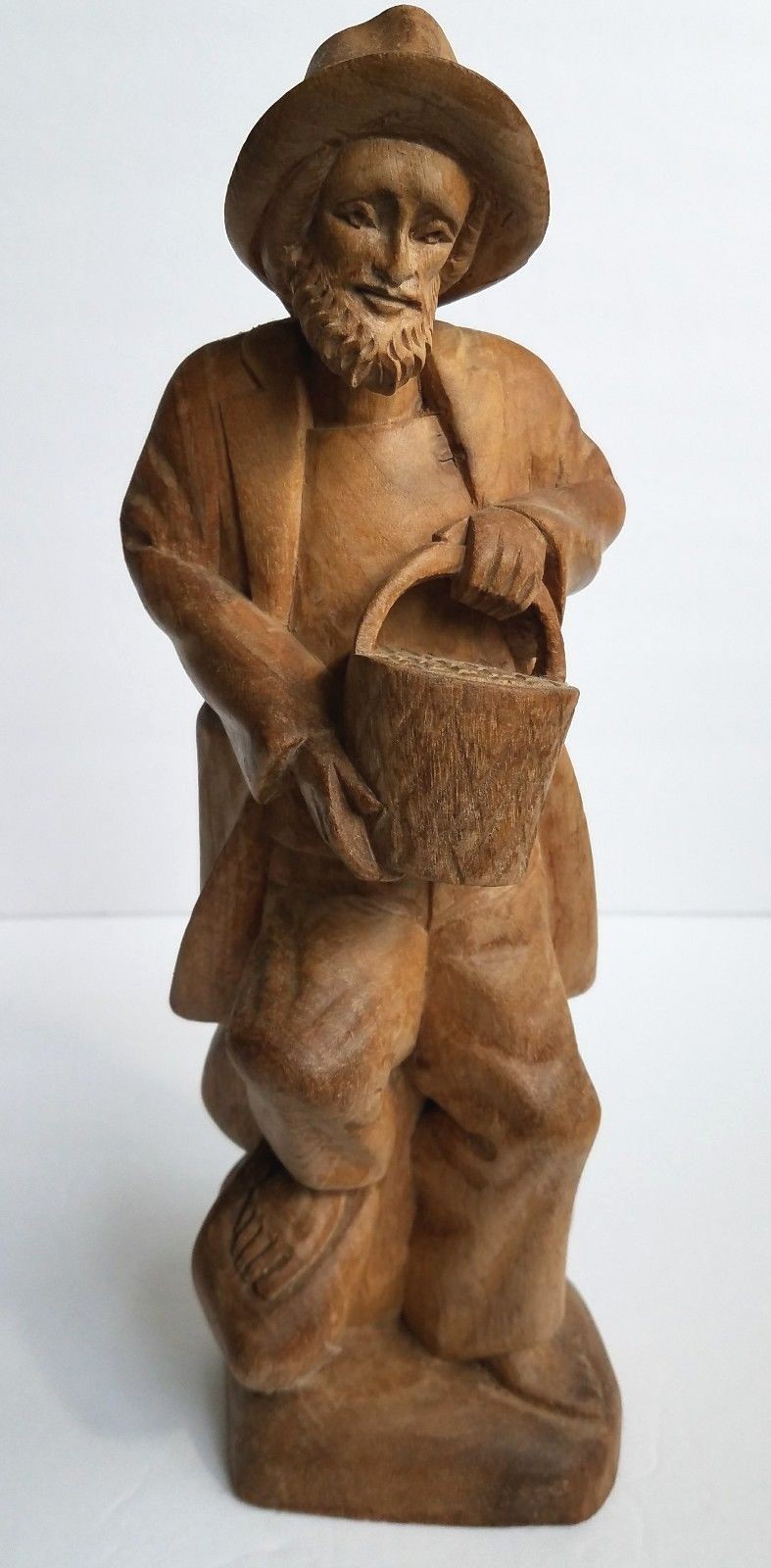 Man Carrying Bucket Hand Carved Wood Figure Statue Vintage Wooden Outsider Art