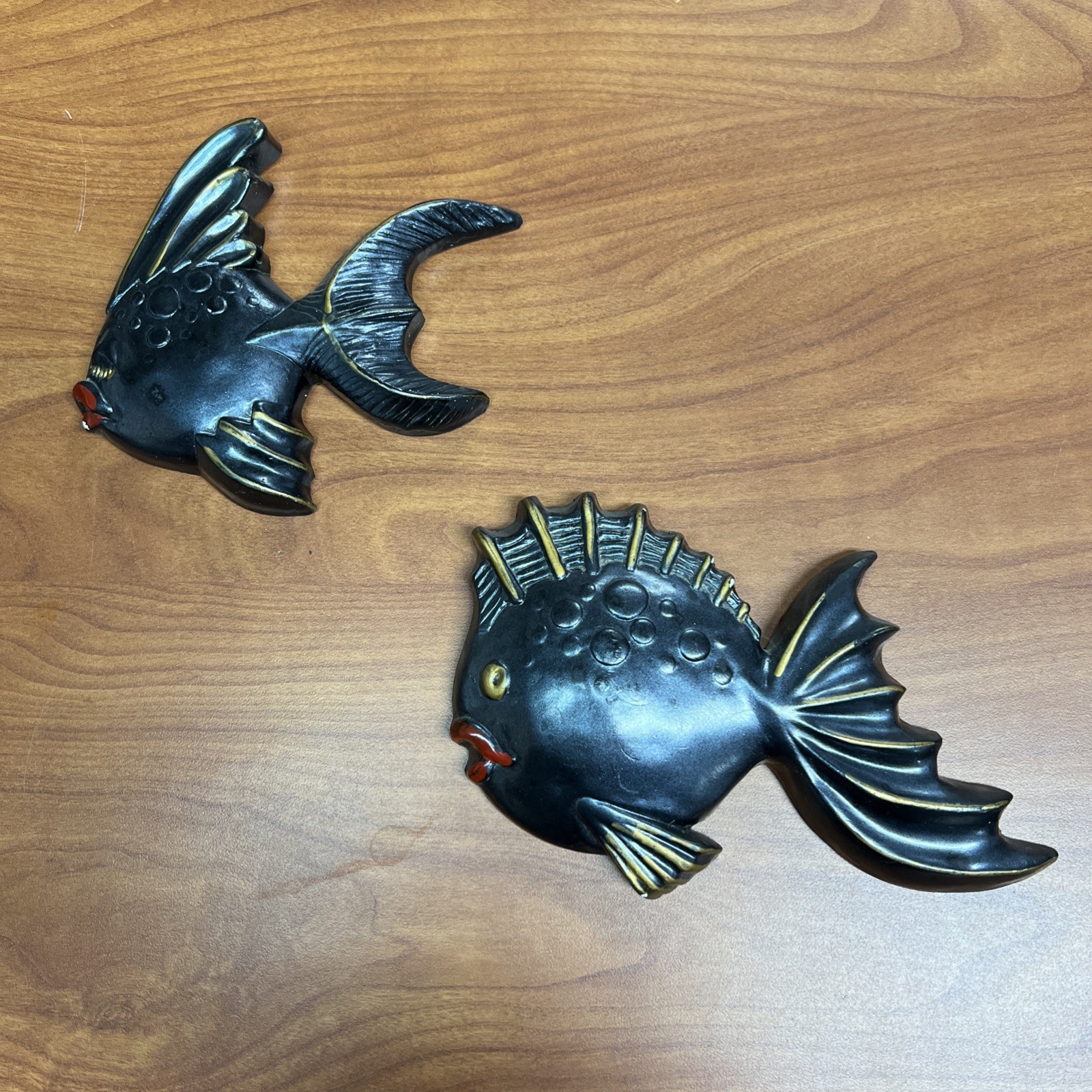 Vintage 2 Black & Gold Painted Chalkware Fish Plaques Circa 1960’s or 1970’s