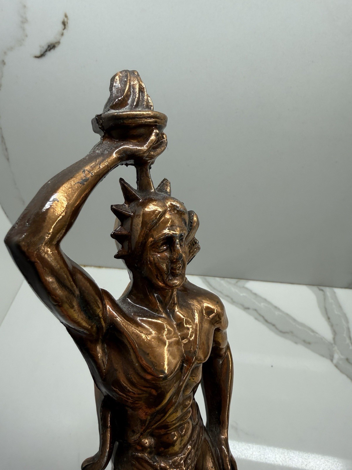 VINTAGE METAL GILDED CAST SCULPTURE COLOSSOS RHODES METAMEE MADE IN GREECE .