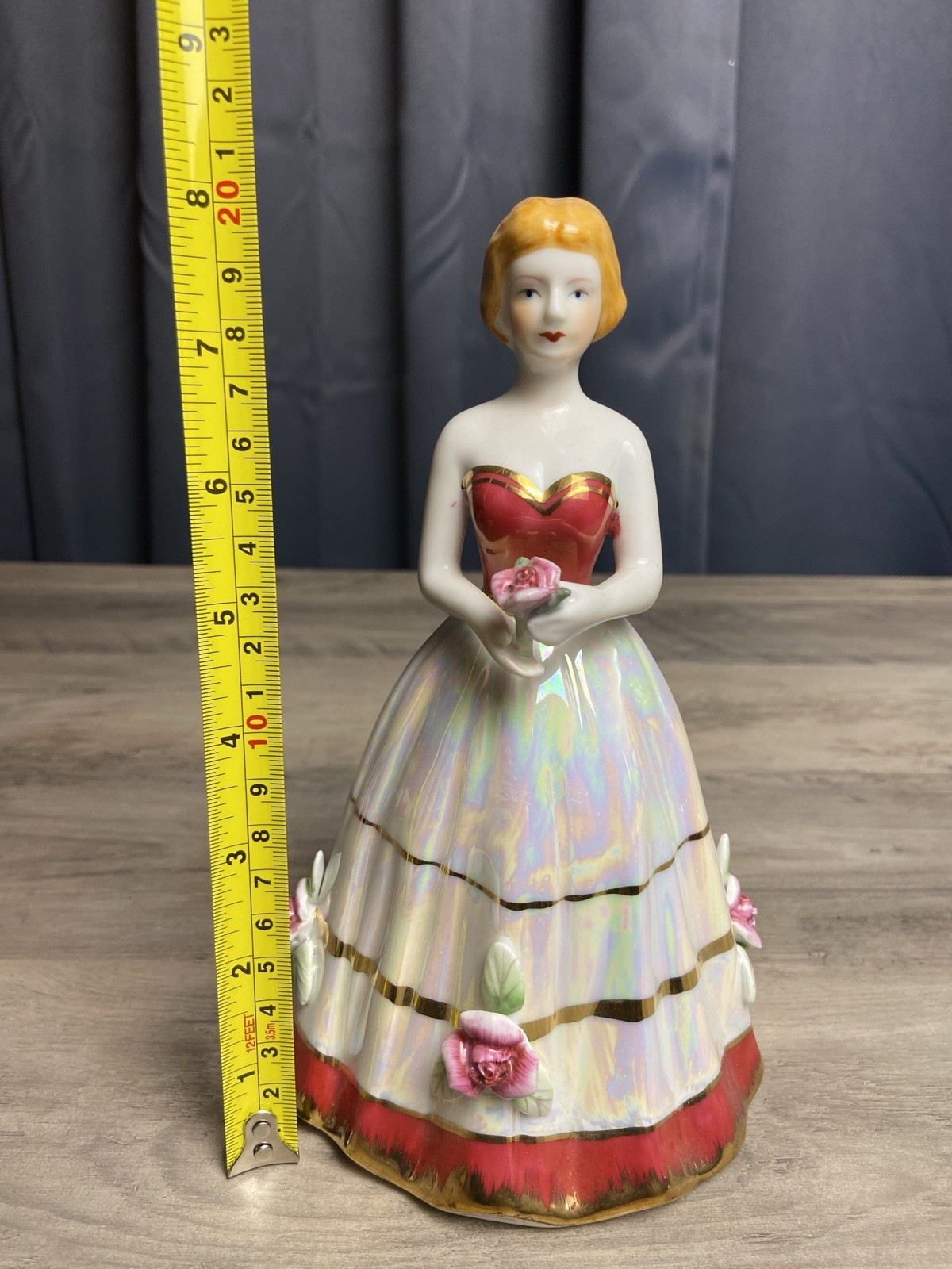 Vintage Porcelain Lady Figurine Opalescent Red, White Dress Roses