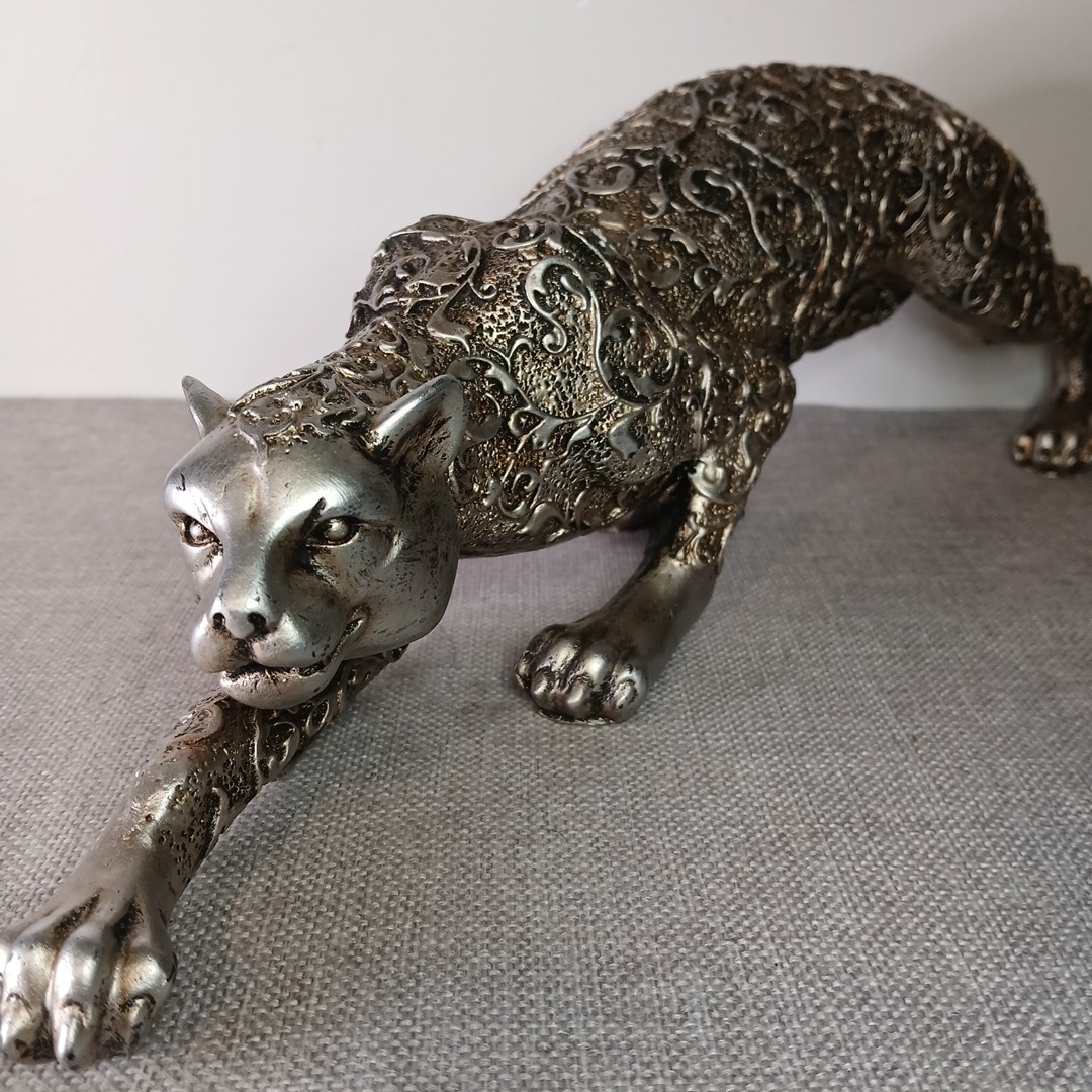 Filigree Design Jaguar Sculpture Figurine 16” Silver Tone