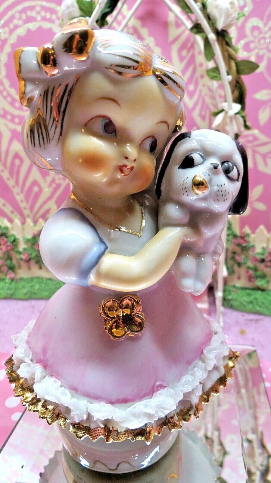Vtg TMJ Little Girl Holds PUPPY DOG ~ PINK GOLD FRINGE LACE DRESS GOLD HAIR BOW