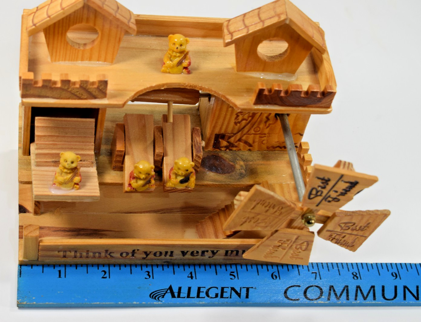 Carved Wood Music Box Ferris Wheel with Bears
