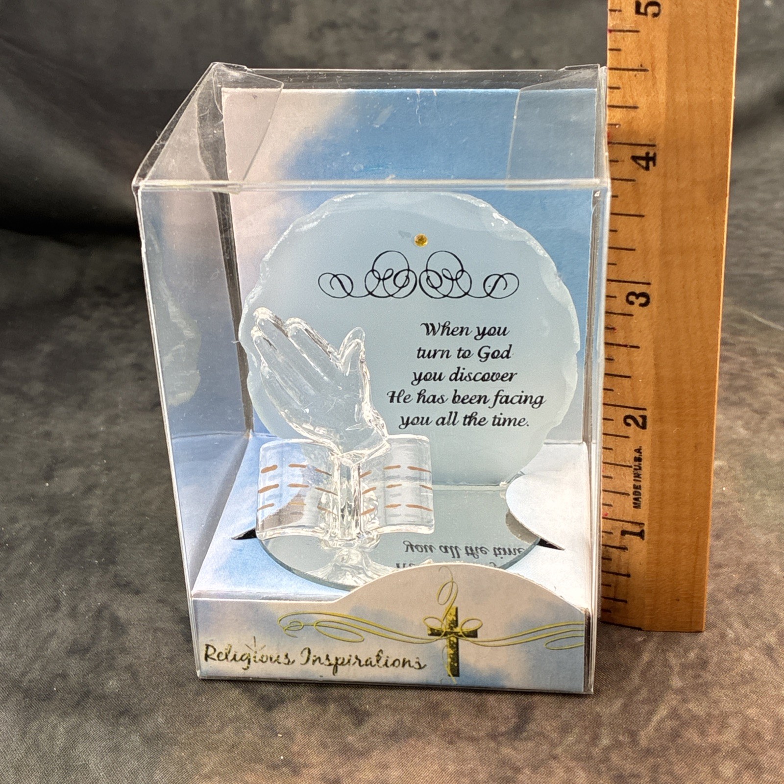 Religious Inspirations Quote, Praying Hands Bible Figurine On Mirrored Glass 4”