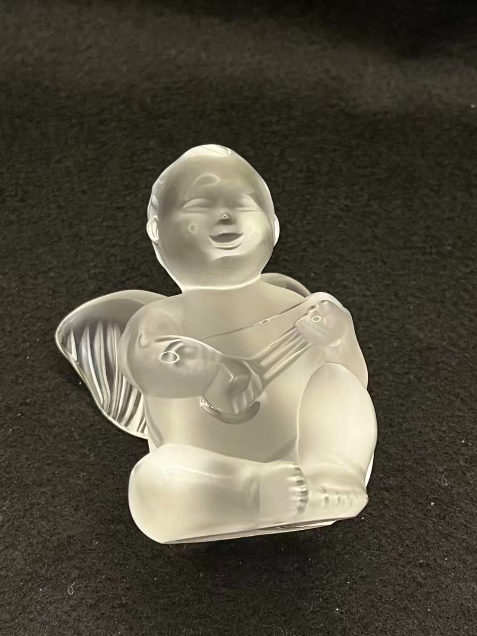 Lalique France Frosted Crystal Cherub Playing Mandolin Figurine 3.2in Tall