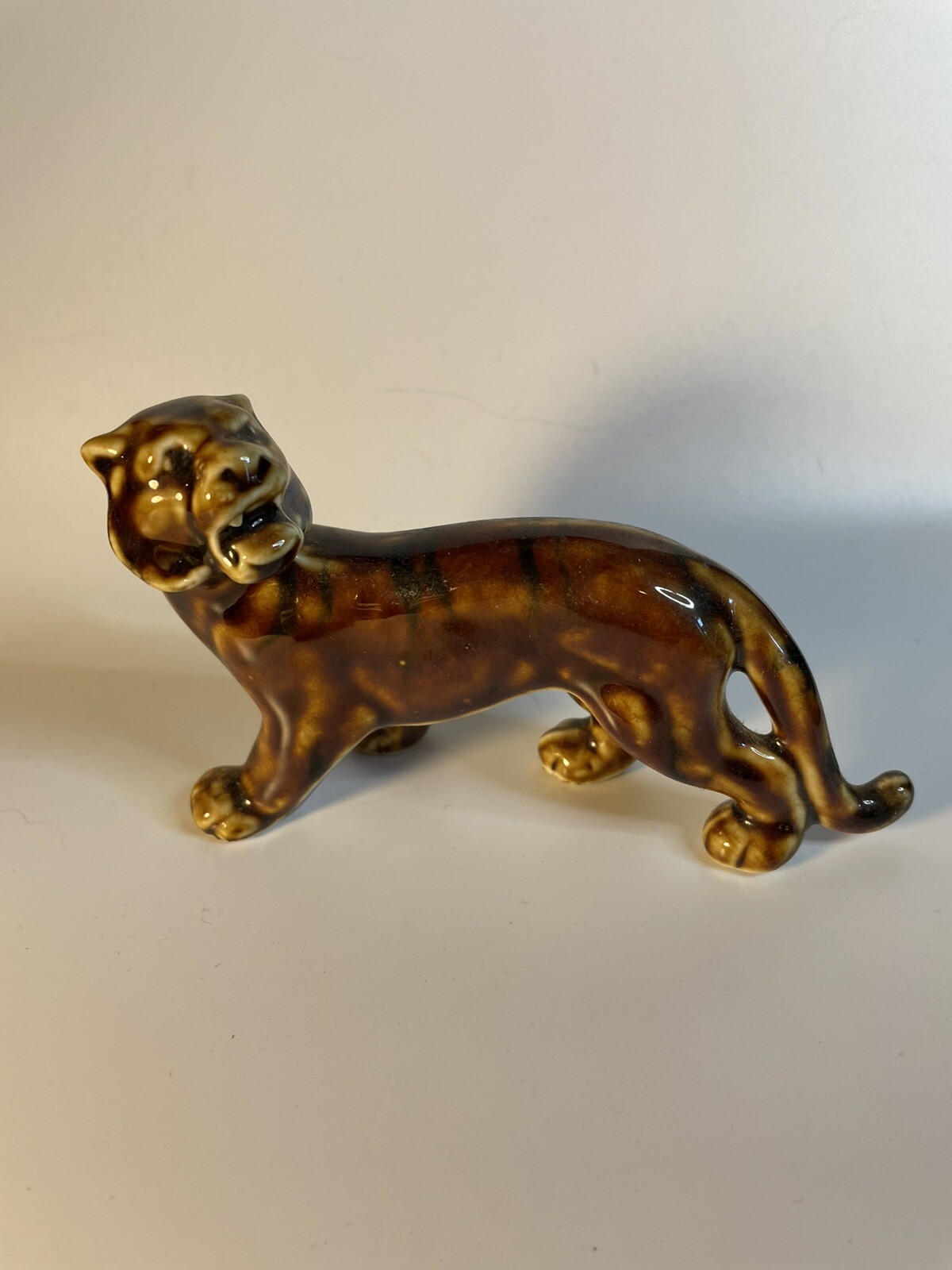 Ceramic Tiger Figurine Brown Glossy Glazed 4” tall 4.5” long