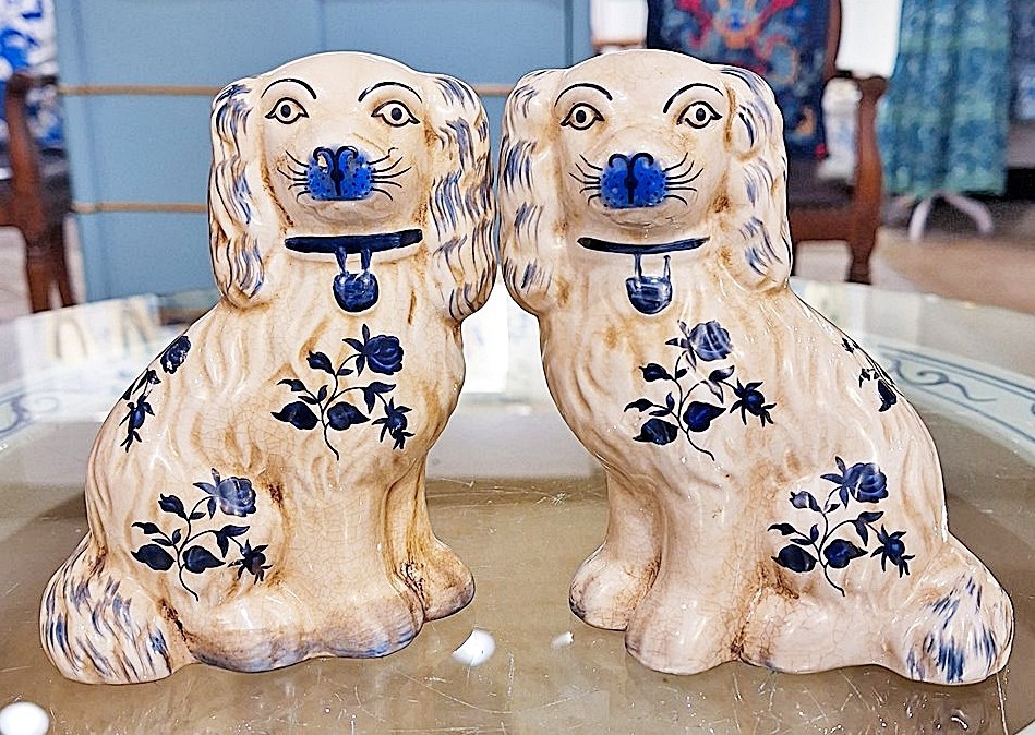 Pair: Blue, White Hand Painted Porcelain Reproduction Staffordshire Dogs (6”H)